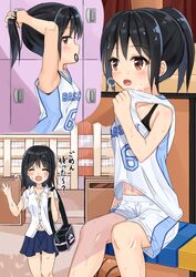  :d bad_id bad_pixiv_id bag ball bare_arms bare_shoulders basketball basketball_(object) basketball_uniform black_hair black_sports_bra blue_skirt blush breasts brown_eyes closed_eyes clothes_writing collared_shirt commentary_request dress_shirt female hair_between_eyes hair_tie hair_tie_in_mouth hand_up heavy_breathing highres indoors jersey locker mouth_hold navel open_mouth original outdoors pleated_skirt ponytail profile school school_uniform shirt short_shorts shorts shoulder_bag sitting skirt small_breasts smile sports_bra sportswear sutei_(xfzdarkt) sweat tying_hair underwear white_shirt white_shorts 