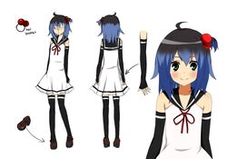  1boy ahoge bare_shoulders black_hair black_legwear blue_hair blush concept_art detached_sleeves dress gradient_hair green_eyes hair_bobbles hair_ornament kiki_(tsunya) looking_at_viewer multicolored_hair one_side_up otoko_no_ko reference_sheet ryoune_yami sailor_dress school_uniform serafuku shoes short_hair simple_background sleeveless smile thighhighs utau white_background white_dress 