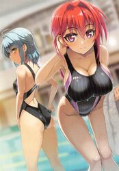  2girls adjusting_clothes adjusting_swimsuit ahoge ass back blue_hair breasts hanging_breasts highres large_breasts long_legs looking_back multiple_girls naruse_mio nonaka_yuki novel_illustration official_art one-piece_swimsuit ookuma_nekosuke pool red_eyes red_hair scan scan_artifacts shinmai_maou_no_testament swimsuit water yellow_eyes 