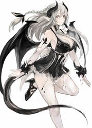  bare_shoulders black_dress black_wings braid breasts cleavage commentary_request cross-laced_footwear dragon_girl dragon_horns dragon_tail dragon_wings dress elbow_gloves female gloves grey_hair hair_ribbon hair_tubes high_heels highres horns large_breasts light_smile long_hair looking_at_viewer original pointy_ears red_eyes ribbon ricci short_dress sidelocks simple_background single_braid solo standing standing_on_one_leg tail thighhighs white_background white_gloves white_thighhighs wings 