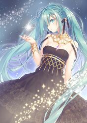  alternate_costume aqua_eyes aqua_hair bad_id bad_pixiv_id black_dress braid commentary_request dress female hatsune_miku levka long_hair solo twintails very_long_hair vocaloid 