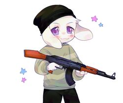  2017 ak-47 ak_platform anthro asriel_dreemurr assault_rifle beanie blush boss_monster_(undertale) bovid caprine clothed clothing conditional_dnp crybleat fully_clothed fur gun hat headgear headwear holding_gun holding_object holding_ranged_weapon holding_weapon lolicon long_ears male mammal ranged_weapon rifle simple_background solo star sweater topwear toy toy_gun undertale undertale_(series) weapon white_background white_body white_fur young young_anthro 