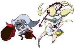  1boy ball blonde_hair boxing_gloves commentary english_commentary female fukuroda_takaharu grin hakodate_omiko kill_la_kill long_hair missing_tooth racket scope sharp_teeth shenanimation smile teeth tennis_ball tennis_racket twintails visor_cap white_background 