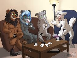  2017 4:3 abs aleksi anthro autumus biceps black_hair black_nose blue_eyes blue_hair blush brown_body brown_fur canid canine canis card cards_against_humanity casual_nudity digital_media_(artwork) dionysus_panther drinking ear_piercing fangs felid fur green_eyes grey_body grey_fur grey_nose group hair heterochromia lion male mammal muscular mythological_canine mythological_creature mythology nude open_mouth pantherine pecs piercing pink_nose riverwalker sitting smile tail teeth text tongue tuft url vallhound were werecanid werecanine werewolf white_body white_fur wolf 