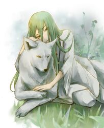  1boy bad_id bad_pixiv_id enkidu_(fate) fate/strange_fake fate_(series) green_eyes green_hair long_hair rurikarakusa wolf wolf_(fate) 