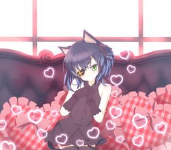  1boy animal_ears black_hair black_thighhighs blue_hair cat_ears cat_tail commentary_request elbow_gloves eyepatch frills gloves green_eyes heart highres kiki_(tsunya) male_focus otoko_no_ko pleated_skirt ribbon ryoune_yami short_hair skirt sleeveless solo tail thighhighs utau 