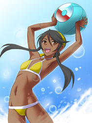  ball bandana beach beachball bikini black_hair brown_eyes dark_skin heroman kouun lina_davis long_hair mizugi splash water 