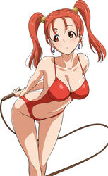  :/ arms_behind_back bent_over breasts brown_eyes cleavage collarbone commentary_request crossed_legs dragon_quest dragon_quest_viii earrings female jessica_albert jewelry large_breasts leaning_forward long_hair looking_away marugoshi_teppei navel orange_hair partial_commentary photoshop_(medium) revealing_swimsuit_(dq) simple_background solo standing strap_gap tareme thigh_gap thighs twintails whip white_background 