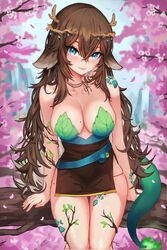  1girls animal_ears antlers bare_arms bare_legs bare_shoulders beauty_mark beauty_mark_on_breasts beauty_spot big_breasts blue_eyes blush blush_lines blushing branch branch_horns breasts brown_hair choker cleavage collarbone crown crown_of_thorns crystals deer_ears dragon_girl dragon_tail dragonoid female female_focus female_only hanging_breasts knees_together leaves light-skinned_female light_skin long_hair long_tail lunarisbloom_(artist) mole mole_on_arm mole_on_breast mole_on_thigh natural_armor natural_colors naturally_censored sitting sugi_aoki thick_thighs thighs vines wide_hips wide_thighs 