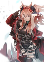  adjusting_hair angelina_(arknights) angelina_(distinguished_visitor)_(arknights) animal_ears arknights arm_out_of_sleeve belt black_belt black_collar black_gloves black_leotard black_thighhighs breasts brown_hair coat collar commentary covered_navel cowboy_shot dot_nose earpiece female fox_ears gloves hair_between_eyes hairband hand_in_own_hair hand_up headgear highres infection_monitor_(arknights) koda24 lens_flare leotard light_frown long_hair long_sleeves looking_at_viewer medium_breasts messy_hair off_shoulder official_alternate_costume open_clothes open_coat originium_(arknights) pink_eyes pouch red_coat red_hairband single_glove solo striped_clothes striped_hairband sweat thigh_belt thigh_strap thighhighs too_many too_many_belts twintails two-tone_hairband white_background white_belt 