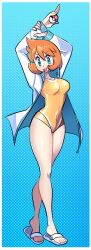  absurdres arms_up blue_eyes blush breasts competition_swimsuit female flip-flops gold_one-piece_swimsuit green_eyes highres holding holding_poke_ball jacket kasumi_(pokemon) large_breasts looking_at_viewer missandydandy one-piece_swimsuit open_clothes open_jacket open_mouth orange_hair poke_ball poke_ball_(basic) pokemon pokemon_frlg pokemon_hgss sandals short_hair smile solo swimsuit thighs white_jacket 