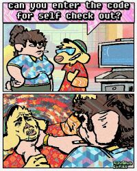  2_panel_comic 4_fingers abstract_background aloha_shirt anthro artist_name asphyxiation blue_screen_of_death bodily_fluids brown_hair canid canine canis choking cigarette cigarette_in_mouth clothing dialogue digital_media_(artwork) domestic_dog duo english_text eyewear female fingers fur hair hand_on_another&#039;s_head hat headgear headwear hi_res male mammal meme object_in_mouth pattern_clothing pattern_shirt pattern_topwear pink_body pink_fur rawdawgcomics rawdawgcomics_(series) saliva self_checkout shirt smoking stahli_(rawdawgcomics) sunglasses supermarket text the_last_of_us_part_ii topwear yellow_body yellow_fur 