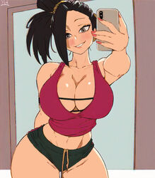  1girls ai_generated big_breasts black_hair blush blush_lines cleavage clothing door doorway exposed_midriff exposed_navel eyes female female_only huge_breasts krystalizedart large_breasts mirror mirror_selfie momo_yaoyorozu my_hero_academia navel phone selfie short_shorts smile smiling solo solo_female tank_top thick thick_thighs voluptuous voluptuous_female wide_hips workout_clothes 