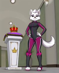  2023 3_fingers 3_toes 4:5 absurd_res aged_up anthro anthro_only anthrofied breasts canid canine canis cleavage clothed clothing collar crown detailed_background diacordst domestic_dog feet female fingers form_fitting fully_clothed fur headgear hi_res hunting_dog looking_at_viewer mammal paw_patrol pink_eyes solo spy_suit sweetie_(paw_patrol) terrier tight_clothing toes west_highland_white_terrier white_body white_fur 