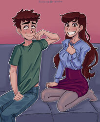  1boy 1girls 2020 aged_up blouse blush brother_and_sister caught caught_in_the_act couch covering dipper_pines disney disney_channel disney_xd earrings fully_clothed gravity_falls incest living_room long_hair mabel_pines nervous nervous_smile nervous_sweat pants pantyhose princest_beck pulling_clothing shirt short_hair signature skirt straight_hair teeth 