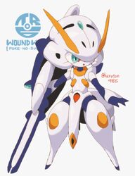  :o advance_of_zeta aqua_eyes arm_cannon character_name fakemon full_body gundam highres kuruton486 looking_to_the_side monsterification no_humans open_hand open_mouth parody pokemon pokemon_(creature) solo standing style_parody tr-6_woundwort weapon 