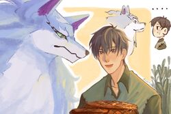  3:2 bodily_fluids campfire_cooking_in_another_world_with_my_absurd_skill canid canine canis duo fel_(fenrir) feral food hi_res human humor kunfueattofuu male mammal master mukoda_tsuyoshi saliva wolf 