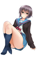  absurdres bad_id bad_pixiv_id black_cardigan blue_sailor_collar blue_skirt blue_socks blush brown_eyes cardigan collarbone collared_shirt female full_body glasses hair_between_eyes highres kita_high_school_uniform kneehighs looking_at_viewer miniskirt nagato_yuki neck_ribbon open_cardigan open_clothes over-rim_eyewear pleated_skirt purple_hair red_ribbon ribbon sailor_collar sailor_shirt school_uniform semi-rimless_eyewear serafuku shiny_clothes shiny_legwear shiny_skin shirt short_hair simple_background skirt sleeves_past_wrists socks solo suzumiya_haruhi_no_shoushitsu suzumiya_haruhi_no_yuuutsu tina_(pixiv37050289) white_background white_shirt winter_uniform 