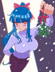  arm_behind_back blue_hair blunt_bangs blush bow breasts breath english_commentary feet_out_of_frame female hairbow hcnone highres holding holding_mistletoe large_breasts long_hair long_sleeves looking_at_viewer mistletoe orange_eyes original pants parted_lips penny_(hcnone) pink_bow pixel_art ponytail purple_pants snowing solo sweater white_sweater 