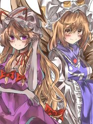  2girls animal_ears animal_hat blonde_hair blue_tabard blush brushing_hair brushing_own_hair dress elbow_gloves fox_ears fox_tail frilled_dress frills gloves hand_in_own_hair hands_in_opposite_sleeves hat hat_ribbon highres kitsune long_hair long_sleeves looking_at_viewer mob_cap multiple_girls multiple_tails own_hands_together puffy_short_sleeves puffy_sleeves purple_dress purple_eyes red_ribbon ribbon short_sleeves simple_background smile sutaku77224 tabard tail touhou white_background white_dress wide_sleeves yakumo_ran yakumo_yukari yellow_eyes 