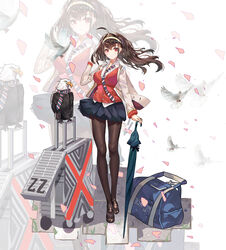  absurdres animal azur_lane bag bald_eagle beige_jacket bird black_pantyhose black_skirt breasts brown_hair cardigan closed_umbrella clothed_animal duffel_bag eagle female hand_in_own_hair highres holding holding_umbrella independence_(azur_lane) independence_(transfer_student_from_afar)_(azur_lane) jacket liangyimo long_hair looking_at_viewer luggage medium_breasts miniskirt necktie official_alternate_costume pantyhose partially_unbuttoned pleated_skirt red_cardigan red_eyes rolling_suitcase shirt skirt solo suitcase umbrella untucked_shirt 