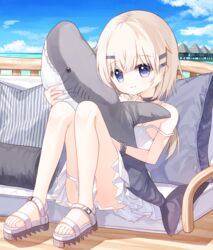  bare_shoulders blonde_hair blue_eyes blue_sky closed_mouth cloud commentary_request convenient_leg day dress female hair_between_eyes hair_ornament hairclip horizon hugging_object knees_up long_hair looking_at_viewer multi-strapped_dress ocean original outdoors pillow red_girl_(yuuhagi_(amaretto-no-natsu)) sandals sitting sky sleeveless sleeveless_dress solo strap_slip stuffed_animal stuffed_shark stuffed_toy water white_dress white_footwear yuuhagi_(amaretto-no-natsu) 