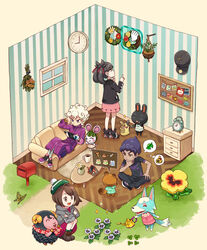  ahoge alarm_clock animal_crossing baseball_cap bede_(pokemon) black_hair black_headwear black_jacket black_pants blonde_hair boots bree_(animal_crossing) brown_eyes brown_footwear brown_hair bug bulletin_board butterfly cardigan clock coat cole_(animal_crossing) commentary_request couch crossed_legs crossover curly_hair drawer dress eunice_(animal_crossing) floorplan flower gameplay_mechanics gloria_(pokemon) grass green_headwear green_legwear grey_cardigan hair_ribbon hand_on_own_knee handheld_game_console hands_up hat holding holding_handheld_game_console hop_(pokemon) jacket long_sleeves lying mailbox_(incoming_mail) marnie_(pokemon) morpeko morpeko_(full) multiple_boys multiple_girls nintendo_switch on_back open_mouth pants pink_dress pokemon pokemon_(creature) pokemon_swsh purple_coat purple_hair red_ribbon ribbon sasairebun shirt shoes short_hair short_sleeves sitting skye_(animal_crossing) socks spoken_object squatting standing tam_o&#039;_shanter thought_bubble tom_nook_(animal_crossing) tongue wall_clock watering_can window wreath 