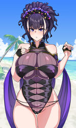  armlet bare_shoulders beach black_gloves black_one-piece_swimsuit blush breasts covered_navel fate/grand_order fate_(series) female fingerless_gloves flower gloves gold_trim hair_flower hair_ornament hair_up half_gloves highleg highleg_swimsuit highres large_breasts long_hair looking_at_viewer murasaki_shikibu_(fate) murasaki_shikibu_(swimsuit_rider)_(fate) murasaki_shikibu_(swimsuit_rider)_(first_ascension)_(fate) muta_poo one-piece_swimsuit outdoors purple_eyes purple_hair solo swimsuit thighs 