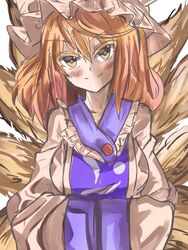  animal_ears animal_hat blonde_hair blue_tabard blush breasts buttons dress female fox_ears fox_tail frills hat head_tilt highres large_breasts long_sleeves looking_at_viewer mob_cap multiple_tails one-hour_drawing_challenge simple_background smile solo sutaku77224 tabard tail touhou white_background white_dress yakumo_ran yellow_eyes 