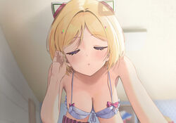  aki_rosenthal aki_rosenthal_(sleepwear) blonde_hair blue_eyes blush bob_cut breasts cleavage closed_eyes commission female hair_ornament headgear highres hololive imminent_kiss official_alternate_costume parted_bangs parted_lips short_hair solo symbol-shaped_pupils twin_(tt_lsh) underwear virtual_youtuber 