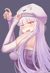  blunt_bangs blush borrowed_character breasts commentary destinyplayer1 dress elbow_gloves english_commentary female fingerless_gloves ghast gloves highres hime_cut jewelry large_breasts long_hair looking_at_viewer minecraft mole mole_under_eye one_eye_closed open_mouth ornate_ring personification red_eyes ring solo upper_body wedding_ring white_dress white_gloves white_hair 