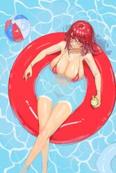  ball beachball bikini bikini_tan blush breasts cleavage closed_mouth crossed_legs cup female from_above highres holding holding_cup huge_breasts innertube kahill long_hair looking_at_viewer original red_bikini red_eyes red_hair solo swim_ring swimsuit tan tanlines water 