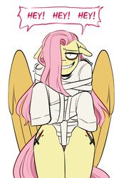  anthro anthrofied cutie_mark dialogue english_text equid equine eye_bags female fluttershy_(mlp) friendship_is_magic hair hasbro looking_at_viewer mammal my_little_pony mythological_creature mythological_equine mythology pegasus pink_hair pony.mov redxbacon repeated_dialogue repeated_text restraints shed.mov simple_background smile solo speech_bubble straitjacket text white_background wings 