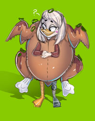  absurd_res anatid anseriform anthro avian bird chicken chicken_costume clothing costume della_duck duck female food food_costume front_view galliform gallus_(genus) hi_res looking_aside matokiro phasianid prosthetic prosthetic_leg prosthetic_limb simple_background solo standing turkey turkey_costume 