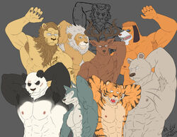  2022 abs anthro antlers arm_tattoo armpit_hair bear beastars bengal_tiger biceps bill_(beastars) black_body black_fur body_hair brown_bear brown_body brown_fur canid canine canis cervine chest_tattoo cigarette cigarette_in_mouth claws clay_calloway_(sing) countershading deer dolph_(beastars) domestic_dog duke_dogstorm eye_scar eyewear facial_scar felid flexing fur giant_panda glasses gouhin_(beastars) grey_body grey_fur group horn ibuki_(beastars) illumination_entertainment jabuhusky legoshi_(beastars) lion male mammal multicolored_body multicolored_fur muscular muscular_anthro muscular_male nipples object_in_mouth oguma_(beastars) one_piece orange_body pantherine pecs red_deer riz_(beastars) scar shirtless simple_background sing_(movie) stripes tan_body tan_fur tattoo tiger ursine whiskers white_body white_fur wolf 