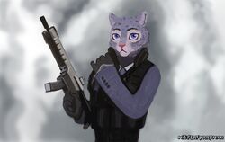  anthro as_dusk_falls_a_new_dawn_rises blue_eyes clock clothing fan_character felid female gloves gun handwear leopard mammal mathilda_growley misterfyrryman pantherine ranged_weapon rifle simple_background smoke snow_leopard solo suit topwear vest watch weapon wristwatch 