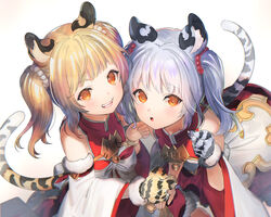  2girls animal_ears animal_hands bai_(granblue_fantasy) bare_shoulders blonde_hair commentary_request detached_sleeves erune fangs gloves granblue_fantasy grey_hair huang_(granblue_fantasy) looking_at_viewer multiple_girls naruse_hirofumi paw_gloves siblings sisters sleeveless smile tail tiger_ears tiger_girl tiger_paws tiger_tail twins twintails yellow_eyes 