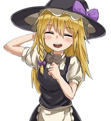  apron black_hat black_skirt black_vest blonde_hair blush bow braid candy chocolate closed_eyes commentary_request cookie_(touhou) cowboy_shot female food hair_between_eyes hairbow hat hat_bow heart heart-shaped_chocolate highres holding holding_chocolate holding_food kirisame_marisa long_hair nob1109 open_mouth puffy_short_sleeves puffy_sleeves purple_bow shirt short_sleeves side_braid simple_background single_braid skirt solo touhou uzuki_(cookie) vest waist_apron white_apron white_background white_shirt witch_hat 