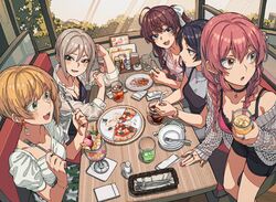  5girls blush bracelet braid camisole food hayami_kanade highres ichinose_shiki idolmaster idolmaster_cinderella_girls indoors jewelry jougasaki_mika lipps_(idolmaster) looking_afar looking_at_another miyamoto_frederica multiple_girls nail_polish namiko817 parfait pasta pink_camisole pizza puffy_short_sleeves puffy_sleeves restaurant see-through see-through_shirt shiomi_syuko shirt short_sleeves sitting spaghetti striped_clothes striped_shirt twin_braids 