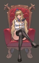  black_footwear black_thighhighs blonde_hair blue_bow bottle bow breasts chair crossed_legs female full_body grey_background hair_intakes hairbow high_heels highres holding holding_bottle kahill large_breasts long_hair long_sleeves looking_at_viewer original pointy_ears red_eyes simple_background sitting smile solo thighhighs throne very_long_hair 