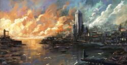  ambient_bird ambiguous_gender anthro biped city cityscape clothing cloud coat digital_media_(artwork) digital_painting_(artwork) disco_elysium dr_rabbit_(tomtc) harbor hi_res lagomorph leporid mammal rabbit solo tomtc topwear tower 