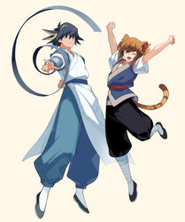  2boys alternate_costume animal_ears black_hair blue_eyes brown_eyes brown_hair chinese_zodiac cosplay_request fudo_yusei full_body hair_between_eyes jiayu_long jumping male_focus multicolored_hair multiple_boys one_eye_closed parody_request short_hair sidelocks spiked_hair tail tiger_boy tiger_ears tiger_tail two-tone_hair year_of_the_tiger yu-gi-oh! yu-gi-oh!_5d&#039;s yu-gi-oh!_gx yuki_judai 