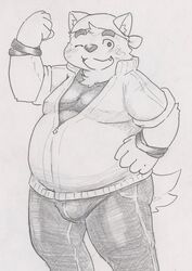  anthro bandana belly blush bulge canid canine canis domestic_dog eyebrows flexing flexing_bicep hi_res kerchief lifewonders live_a_hero male mammal mokdai one_eye_closed overweight overweight_male solo tabasukotrr thick_eyebrows traditional_media_(artwork) wink 