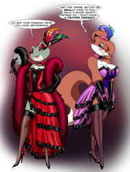  absurd_res amphibian anthro armwear auntie_vixen beatriz_overseer beatriz_resont big_breasts blush breasts burlesque canid canine choker clothing corset crovirus dress duo elbow_gloves english_text eyeshadow eyewear feather_boa feathers female fishnet_clothing fishnet_legwear flat_chested flower footwear fox frog glasses gloves hand_fan hand_on_hip handwear hi_res high_heels jewelry legwear lingerie lipstick makeup mammal markings mature_anthro mature_female mole_(marking) necklace plant pumps purple_clothing purple_dress red_clothing red_dress red_lipstick rose_(flower) shoes showgirl smile stockings text thigh_highs topwear wide_hips 