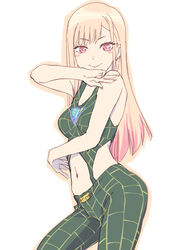  blonde_hair closed_mouth commentary_request cosplay ear_piercing female green_pants highres jojo_no_kimyou_na_bouken kitagawa_marin kujo_jolyne kujo_jolyne_(cosplay) long_hair looking_at_viewer multicolored_hair navel pants piercing red_eyes red_hair season_connection simple_background smile solo sono_bisque_doll_wa_koi_wo_suru spider_web_print standing stone_ocean two-tone_hair ueyama_michirou white_background 