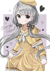  absurdres blush braid curtsey dress female flat_chest grey_eyes grey_hair highres hisakawa_nagi idolmaster idolmaster_cinderella_girls long_hair looking_at_viewer sailor_dress school_uniform serafuku signature simple_background single_braid skirt_hold solo standing twintails yata_(yatao_zzz) yellow_dress yellow_headwear yellow_serafuku 