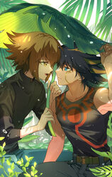  2boys black_hair black_tank_top blue_eyes brown_eyes brown_hair eye_contact feet_out_of_frame from_side fudo_yusei hair_between_eyes highres jiayu_long looking_at_another male_focus multicolored_hair multiple_boys pectorals plant shared_umbrella shirt short_hair sidelocks smile spiked_hair sunlight tank_top tight_clothes tight_shirt toned toned_male two-tone_hair umbrella water_drop yaoi yu-gi-oh! yu-gi-oh!_5d&#039;s yu-gi-oh!_gx yuki_judai 