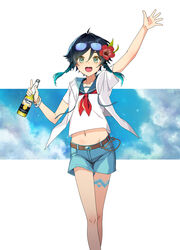  1boy :d androgynous arm_up bare_arms bare_legs belt black_hair blue_gemstone blue_hair blue_sailor_collar blue_shorts bottle bracelet braid brown_belt collarbone collared_shirt eyewear_on_head flower gem genshin_impact gradient_hair green_eyes hair_between_eyes hair_flower hair_intakes hair_ornament hibiscus highres holding holding_bottle jacket jewelry korean_commentary looking_at_viewer male_focus midriff multicolored_hair navel neckerchief open_clothes open_jacket otoko_no_ko purple-framed_eyewear red_flower red_neckerchief sailor_collar sailor_shirt shirt short_hair_with_long_locks short_shorts short_sleeves shorts smile stomach sunglasses twin_braids venti_(genshin_impact) white_jacket white_shirt yuhito_(vlack1492) 