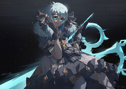  absurdres black_background black_bow black_dress black_gloves blue_eyes blue_hair bow breasts commentary_request dress drill_hair female fingerless_gloves gloves gradient_background grey_background grey_dress gwen_(league_of_legends) hair_ornament hairbow highres holding league_of_legends long_hair looking_at_viewer needle over-kneehighs oversized_object puffy_short_sleeves puffy_sleeves qizhongji scissors sewing_needle short_sleeves smile solo thighhighs twin_drills twintails x_hair_ornament 