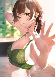  arm_up bare_arms bare_shoulders blurry bra breasts brown_hair cleavage commentary depth_of_field female green_bra green_eyes highres large_breasts long_hair looking_at_viewer low_ponytail open_mouth original solo symbol-only_commentary takeashiro underwear underwear_only upper_body 